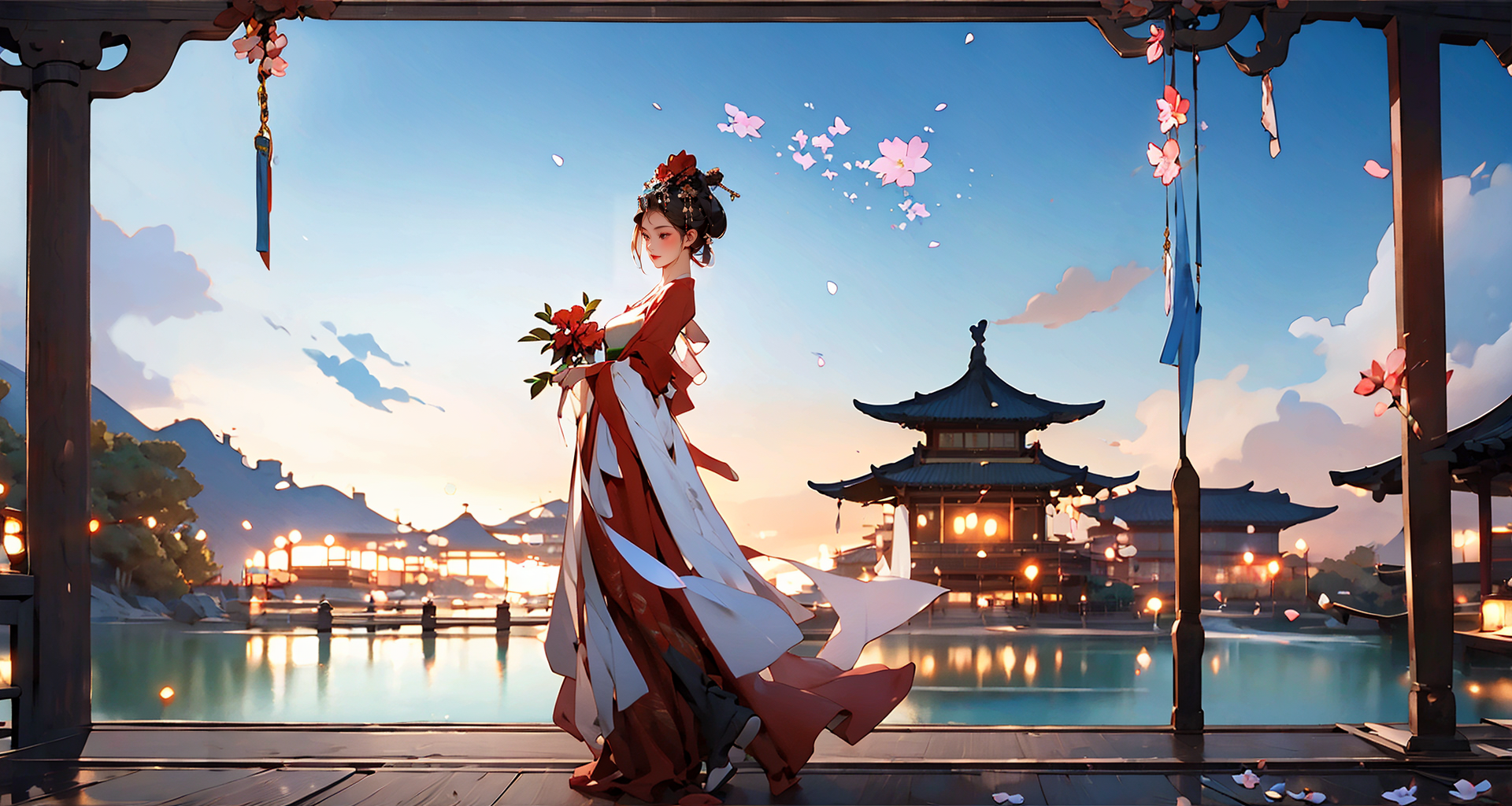 02346-1648436505-indoor, zanhua, Best quality, masterpiece, 1 girl, ((full body)), front view,  holding flower, red flower on head, wearing hanfu.png